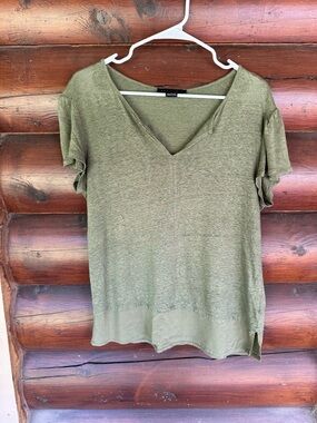 100% Linen Dark Green V-Neck Short Sleeve Women's Top